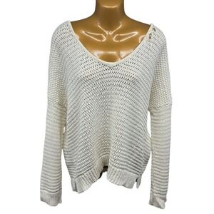 Madewell Open Knit V Neck Sweater XS Cream Cotton Slouchy Distressed